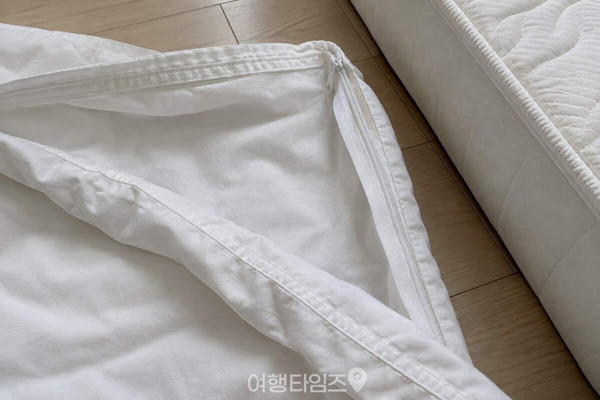 흰 면 이불 커버의 안쪽 면과 솔기가 가까이 보이는 침실 장면이다. / 기사 이해를 돕기 위한 생성형 이미지