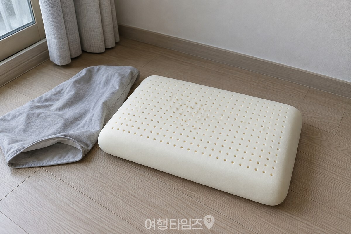 그늘진 실내 바닥에 평평하게 놓인 라텍스 베개와 벗겨 둔 베개 커버. / 기사 이해를 돕기 위한 생성형 이미지