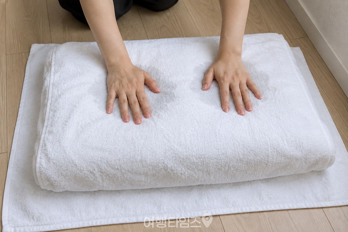 마른 수건 두 장 사이에 라텍스 베개를 놓고 손바닥으로 가볍게 눌러 물기를 옮기는 모습. / 기사 이해를 돕기 위한 생성형 이미지