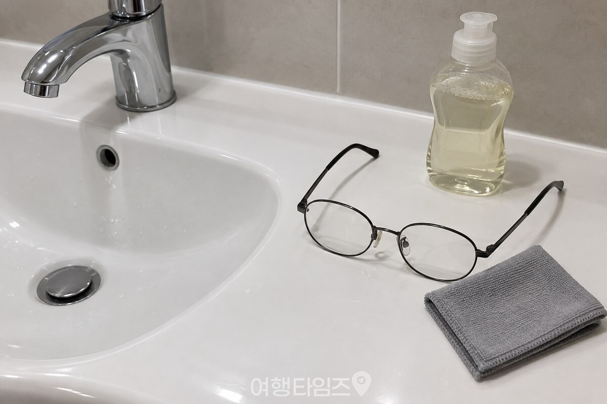 찬물과 중성 주방세제, 극세사 안경닦이를 세면대 옆에 준비한 모습. / 기사 이해를 돕기 위한 생성형 이미지