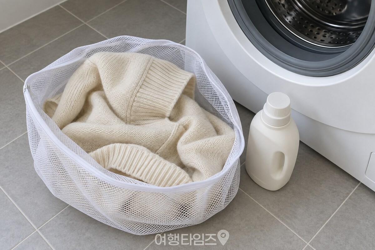 세탁망에 넣은 크림색 니트와 울 전용 세제가 세탁기 옆에 놓여 있다. / 기사 이해를 돕기 위한 생성형 이미지