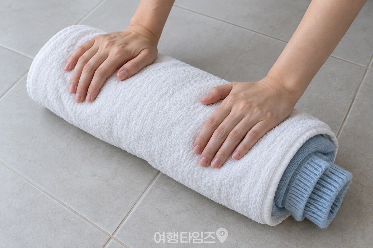마른 수건 위에 펼친 니트를 수건째 말아 손바닥으로 누르고 있다. / 기사 이해를 돕기 위한 생성형 이미지