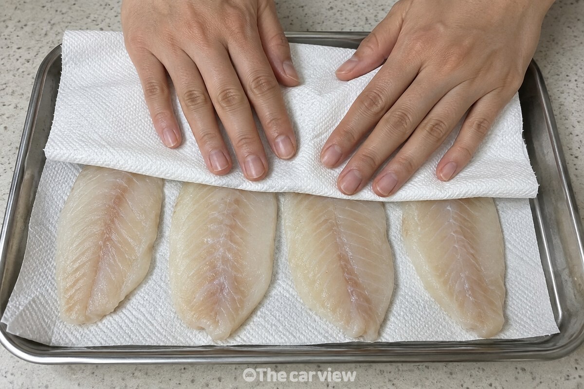 키친타월 위에 올린 해동 동태포의 표면 물기를 손으로 눌러 닦고 있다. / 기사 이해를 돕기 위한 생성형 이미지