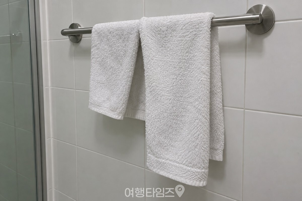 욕실 수건걸이에 한쪽 길이를 짧게 내려 V자로 벌려 건 흰 수건. / 기사 이해를 돕기 위한 생성형 이미지