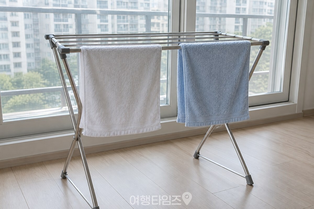 거실 창가의 접이식 건조대에 한 장씩 벌려 널어 둔 수건. / 기사 이해를 돕기 위한 생성형 이미지