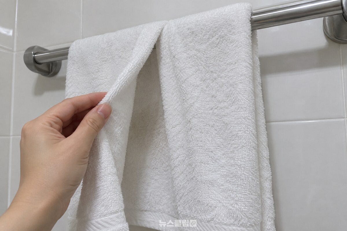 수건걸이에 반으로 접혀 걸린 흰 수건의 맞닿은 안쪽 면을 손으로 살짝 벌려 보이는 모습. / 기사 이해를 돕기 위한 생성형 이미지