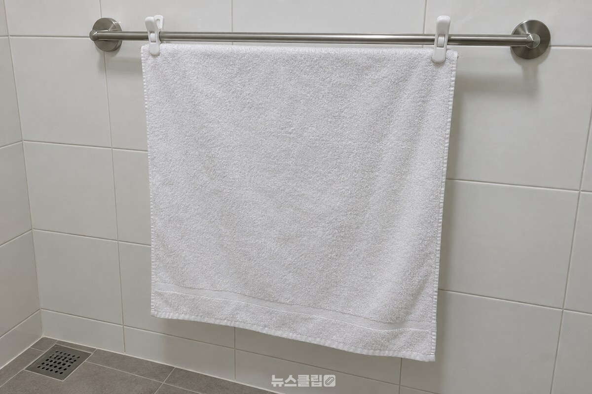흰 수건을 한 겹으로 길게 늘어뜨린 뒤 양쪽을 흰 플라스틱 빨래집게로 고정한 욕실 수건걸이. / 기사 이해를 돕기 위한 생성형 이미지