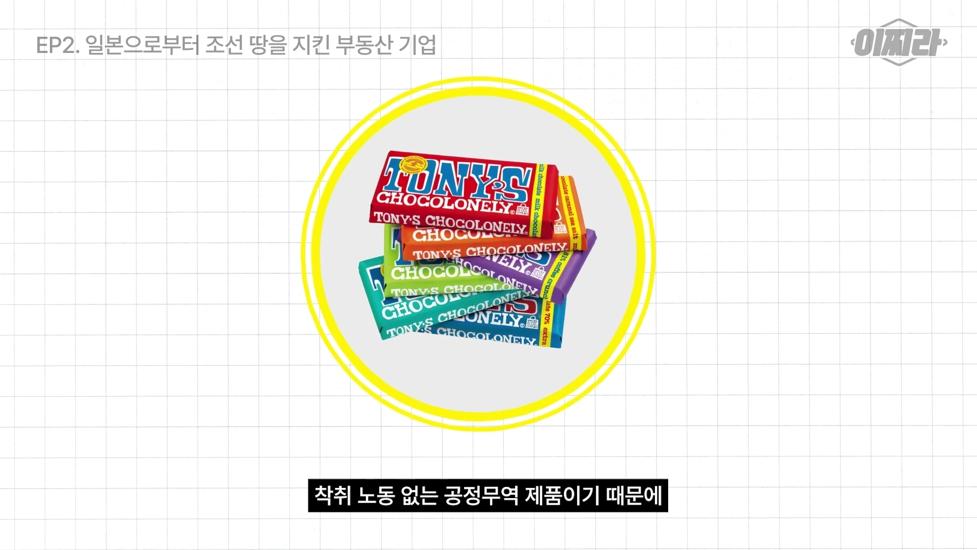 흰색 격자무늬 배경 중앙에 다양한 색상의 토니스 초코론리 초콜릿 바들이 쌓여 있고 그 주위를 노란색 원이 감싸고 있는 뉴스 그래픽 화면입니다.