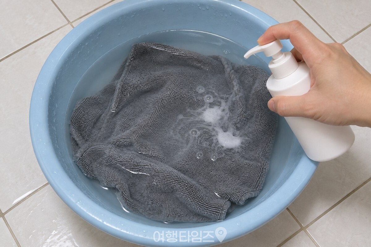 미지근한 물과 샴푸를 푼 대야에 청소용 걸레를 펼쳐 담그는 모습. / 기사 이해를 돕기 위한 생성형 이미지