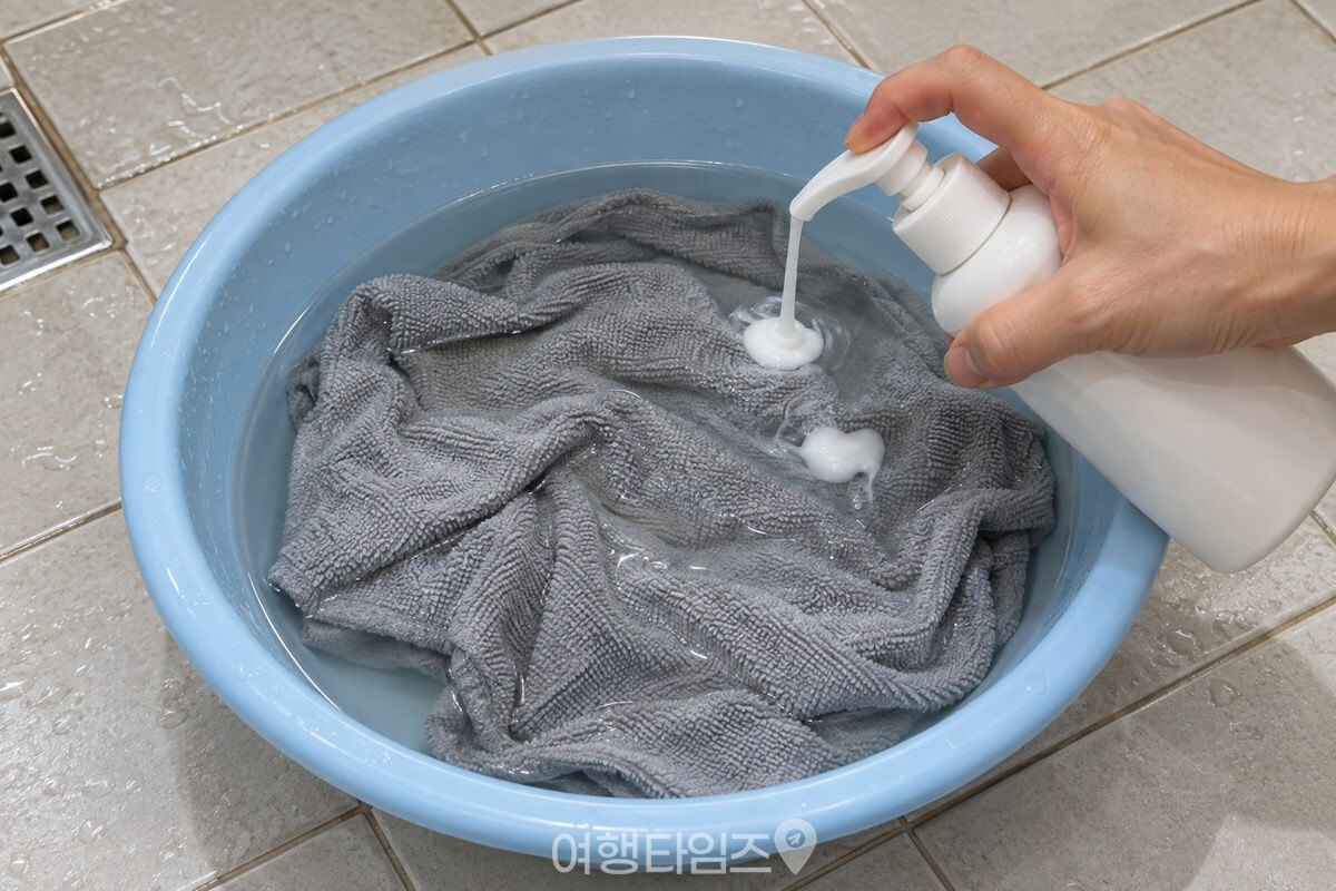 대야 물에 샴푸를 두 번 펌핑해 푸는 손과 펼친 걸레. / 기사 이해를 돕기 위한 생성형 이미지
