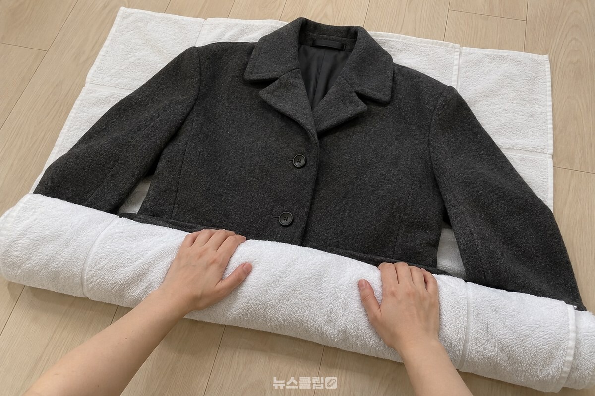 마른 수건 위에 주름 없이 편 울코트를 함께 말아 물기를 누르는 장면. / 기사 이해를 돕기 위한 생성형 이미지