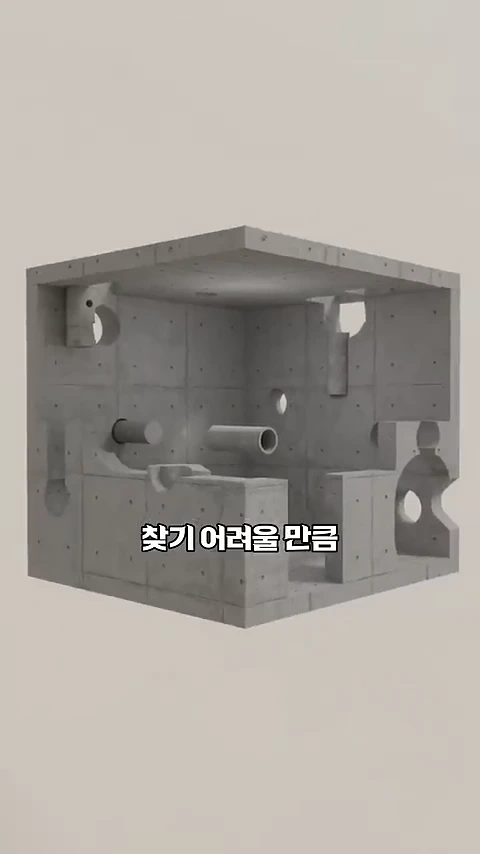 복잡한 구멍들이 뚫려 있는 회색 콘크리트 정육면체 구조물의 3D 그래픽 이미지.