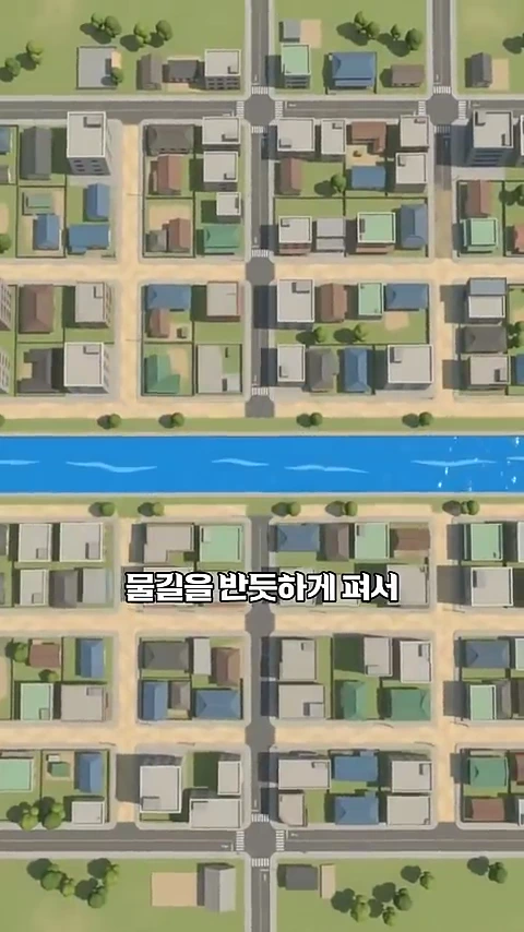 격자형 도로와 건물들이 배치된 도시의 조감도 위로 일직선으로 뻗은 하천이 흐르고 있으며, 화면 중앙에 '물길을 반듯하게 펴서'라는 자막이 표시되어 있다.
