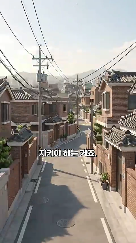 도로를 사이에 두고 벽돌집들이 줄지어 서 있는 골목길 풍경과 그 위에 쓰인 '지켜야 하는 거죠.'라는 자막.