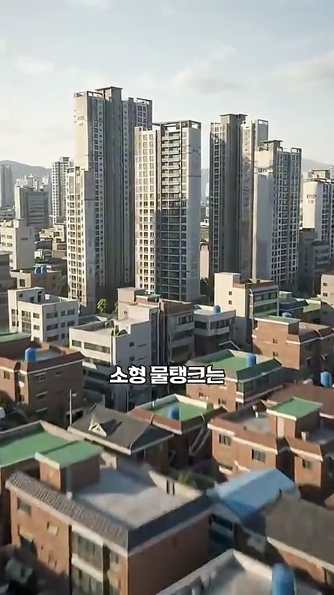 서울의 고층 아파트와 저층 빌라들이 섞여 있는 도시 풍경으로, 빌라 옥상 곳곳에 파란색 소형 물탱크들이 놓여 있고 화면 중앙 하단에 한글 자막이 표시되어 있습니다.