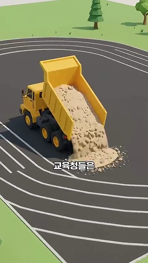 노란색 덤프트럭이 학교 운동장의 우레탄 트랙 위로 흙을 쏟아내고 있는 모습이 담긴 3D 애니메이션 그래픽입니다.