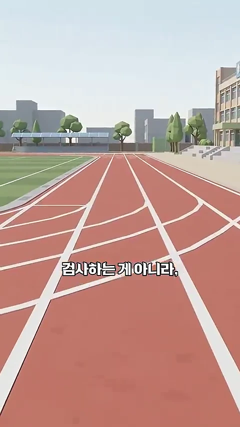 학교 운동장의 빨간색 우레탄 트랙과 주변 건물을 단순화하여 표현한 3D 그래픽 영상 화면입니다.