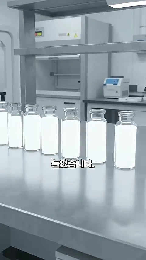 실험실 작업대 위에 하얀 액체가 담긴 유리병들이 일렬로 놓여 있고 그 위에 '늘었습니다'라는 자막이 표시된 화면