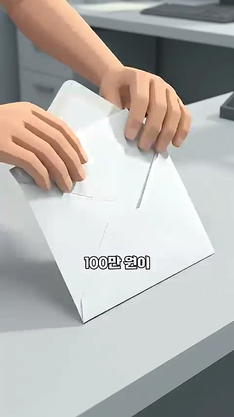 3D 애니메이션 스타일로 표현된 손이 흰색 봉투를 열고 있는 모습이며, 화면 중앙 하단에는 '100만원이'라는 자막이 표시되어 있습니다.