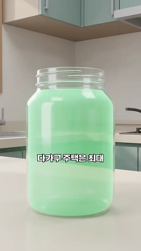 주방 조리대 위에 놓인 빈 유리병 위에 '다가구 주택은 최대'라는 한글 자막이 떠 있는 3D 그래픽 이미지