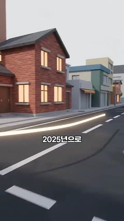 3D 애니메이션으로 구현된 도심 주택가 풍경과 중앙 하단에 '2025년으로'라는 자막이 떠 있는 모습