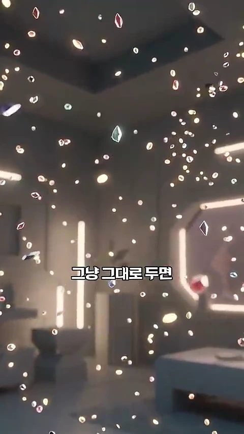 실내 공간을 배경으로 떠다니는 다채로운 색상의 보석 모양 입자들이 묘사된 디지털 영상의 한 장면입니다. 화면 중앙에는 '그냥 그대로 두면'이라는 한국어 자막이 배치되어 있습니다.
