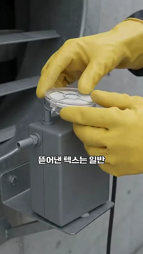 노란색 고무장갑을 낀 작업자가 회색 기기 위에 투명한 필터 캡을 장착하고 있는 모습