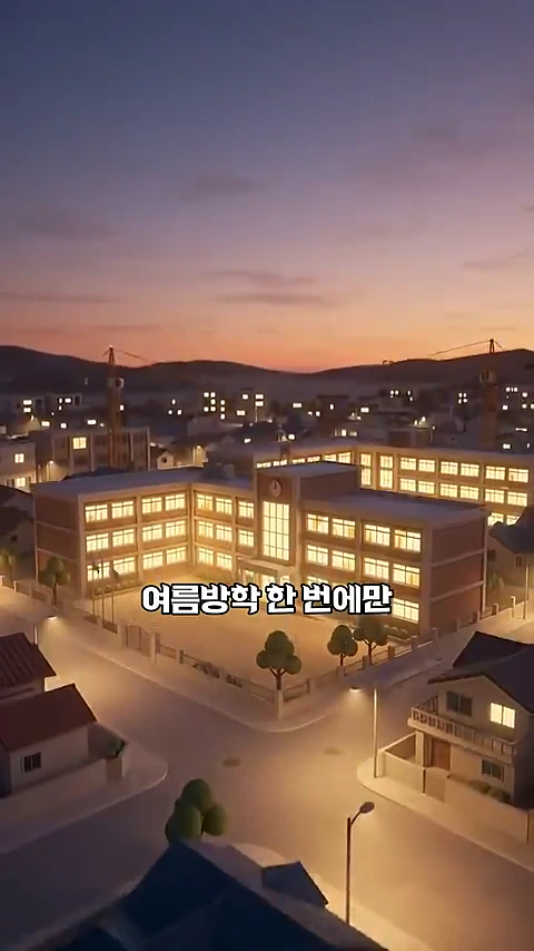 노을이 지는 저녁 시간에 조명이 켜진 학교 건물이 그려진 3D 그래픽 이미지이며, 이미지 중앙에는 '여름방학 한 번에만'이라는 자막이 배치되어 있습니다.