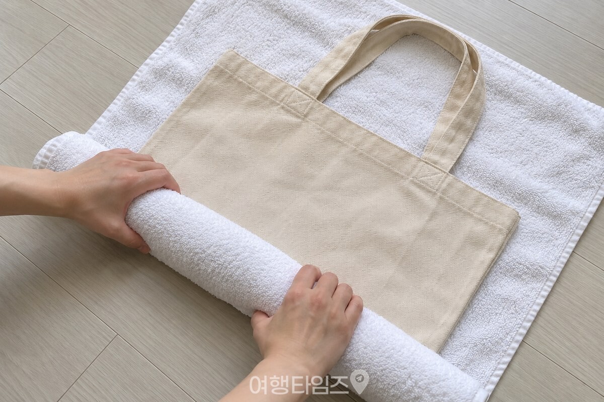 마른 흰 수건 위에 에코백을 펼쳐 물기를 빼기 위해 돌돌 말고 있다. / 기사 이해를 돕기 위한 생성형 이미지