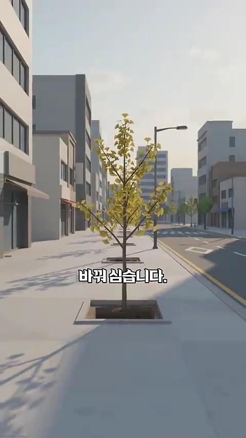 도심 속 보도블록에 심어진 어린 은행나무 한 그루와 그 앞에 '바꿔 심습니다'라는 한글 자막이 표시된 3D 그래픽 영상 화면.