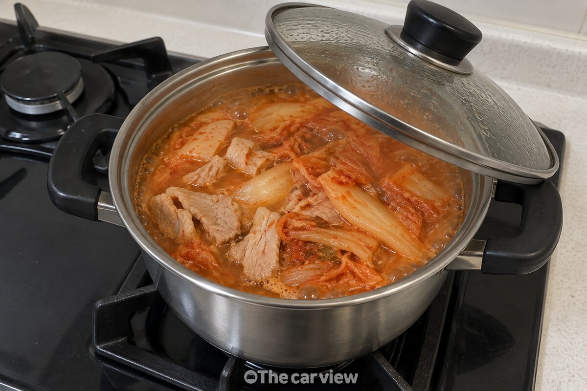 뚜껑을 반쯤 연 냄비에서 쌀뜨물로 끓인 김치찌개 국물이 잔잔히 끓고 있다. / 기사 이해를 돕기 위한 생성형 이미지
