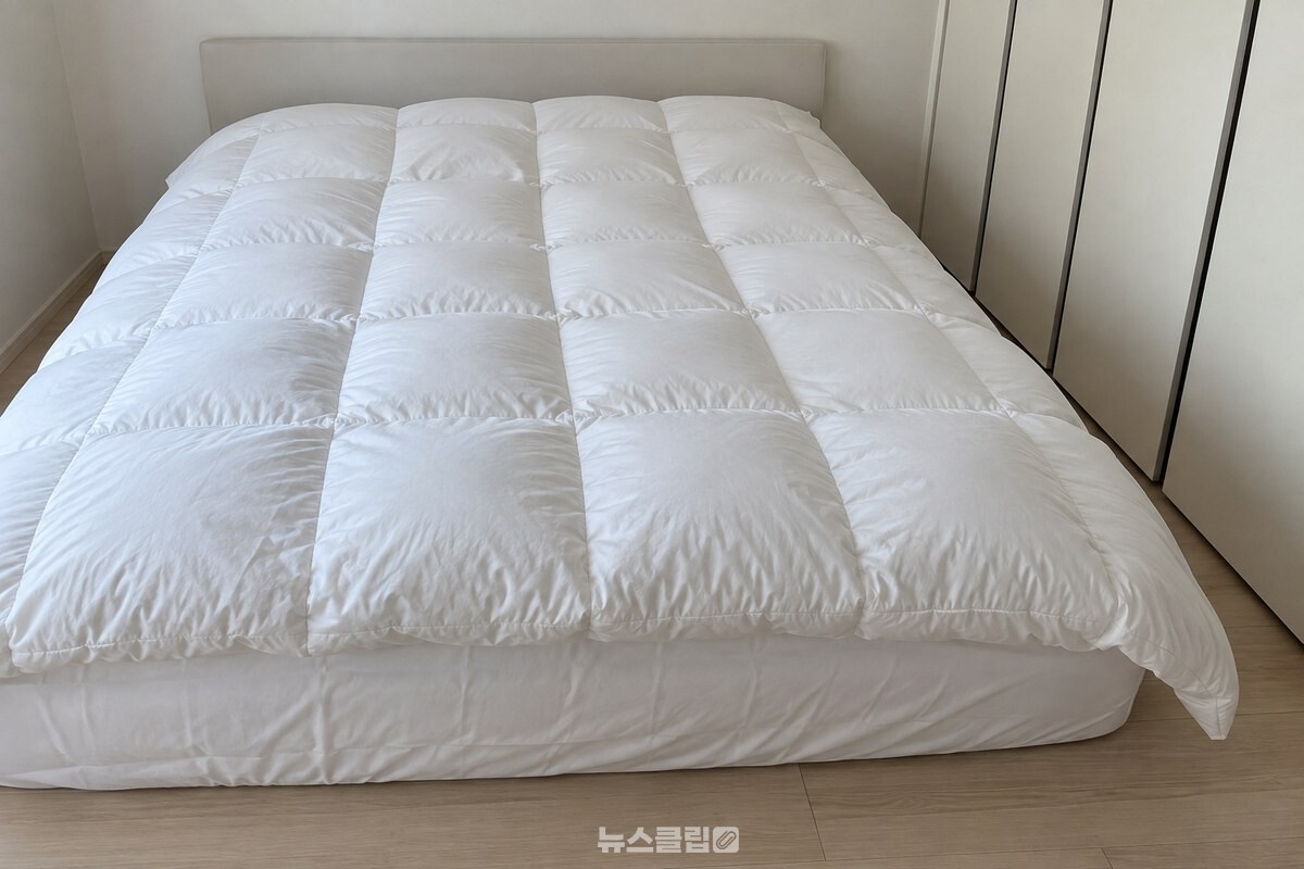 침대 위에 한 겹으로 펼쳐 둔 흰색 구스 이불의 칸마다 솜이 고르게 부풀어 있다. / 기사 이해를 돕기 위한 생성형 이미지