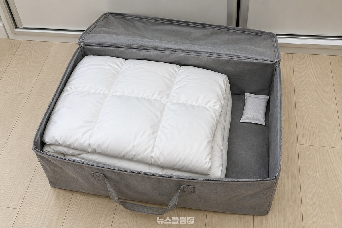 접어 넣은 흰색 구스 이불과 작은 방습제가 분리되어 있는 회색 부직포 보관함이다. / 기사 이해를 돕기 위한 생성형 이미지