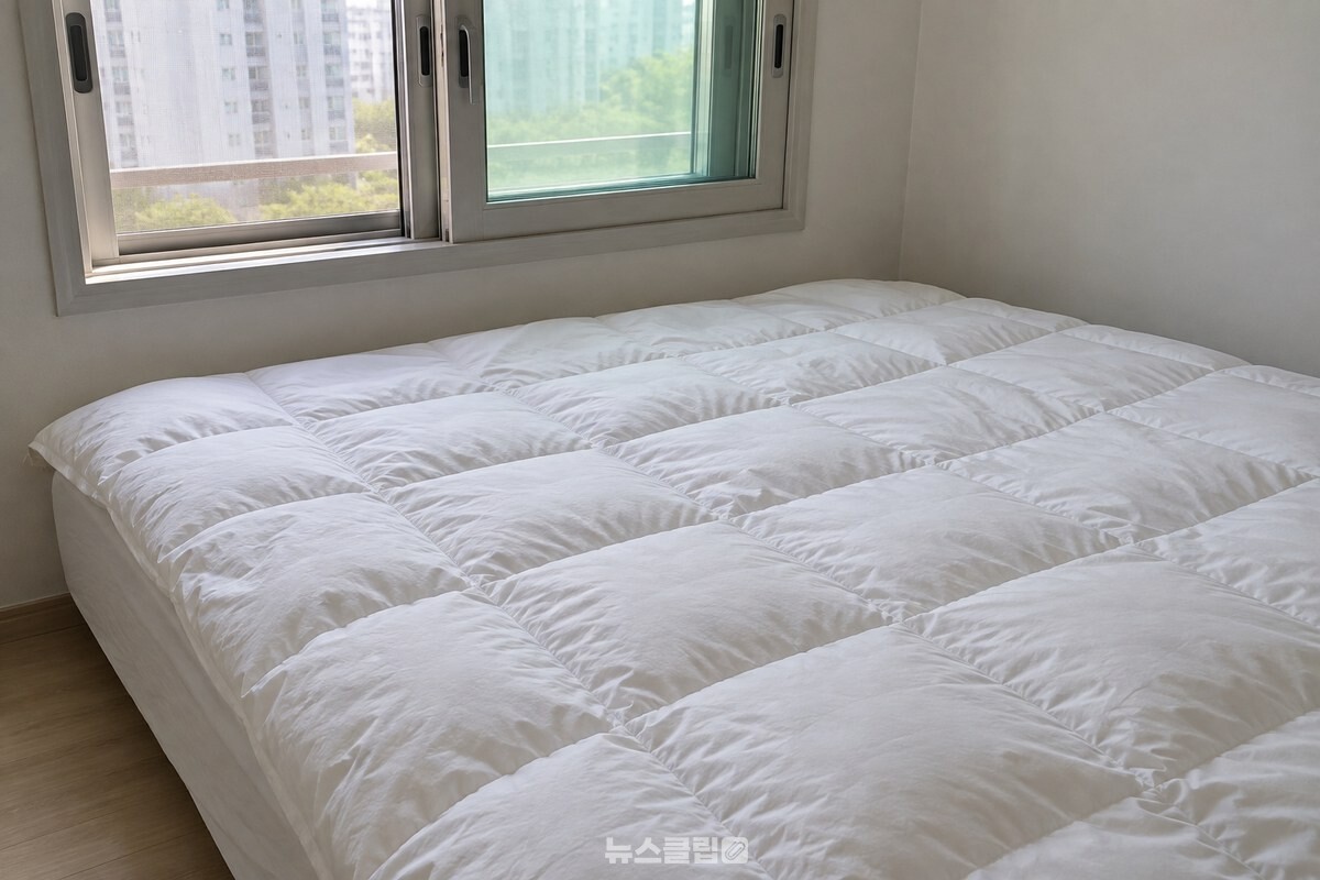 창문을 연 침대 위에 커버를 씌우지 않은 구스 이불을 주름 없이 넓게 펼쳐 두었다. / 기사 이해를 돕기 위한 생성형 이미지