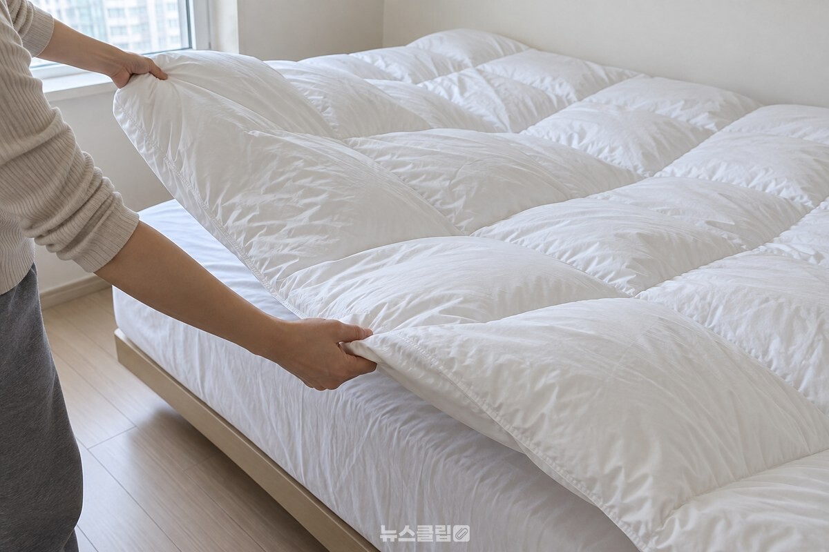 침대 양쪽에서 잡은 흰색 구스 이불을 가볍게 들어 공기를 넣듯 흔들고 있다. / 기사 이해를 돕기 위한 생성형 이미지