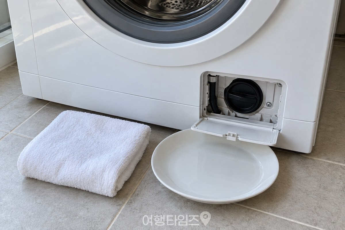 세탁기 아래 서비스 뚜껑 앞에 납작한 접시와 마른 수건을 준비한 모습. / 기사 이해를 돕기 위한 생성형 이미지