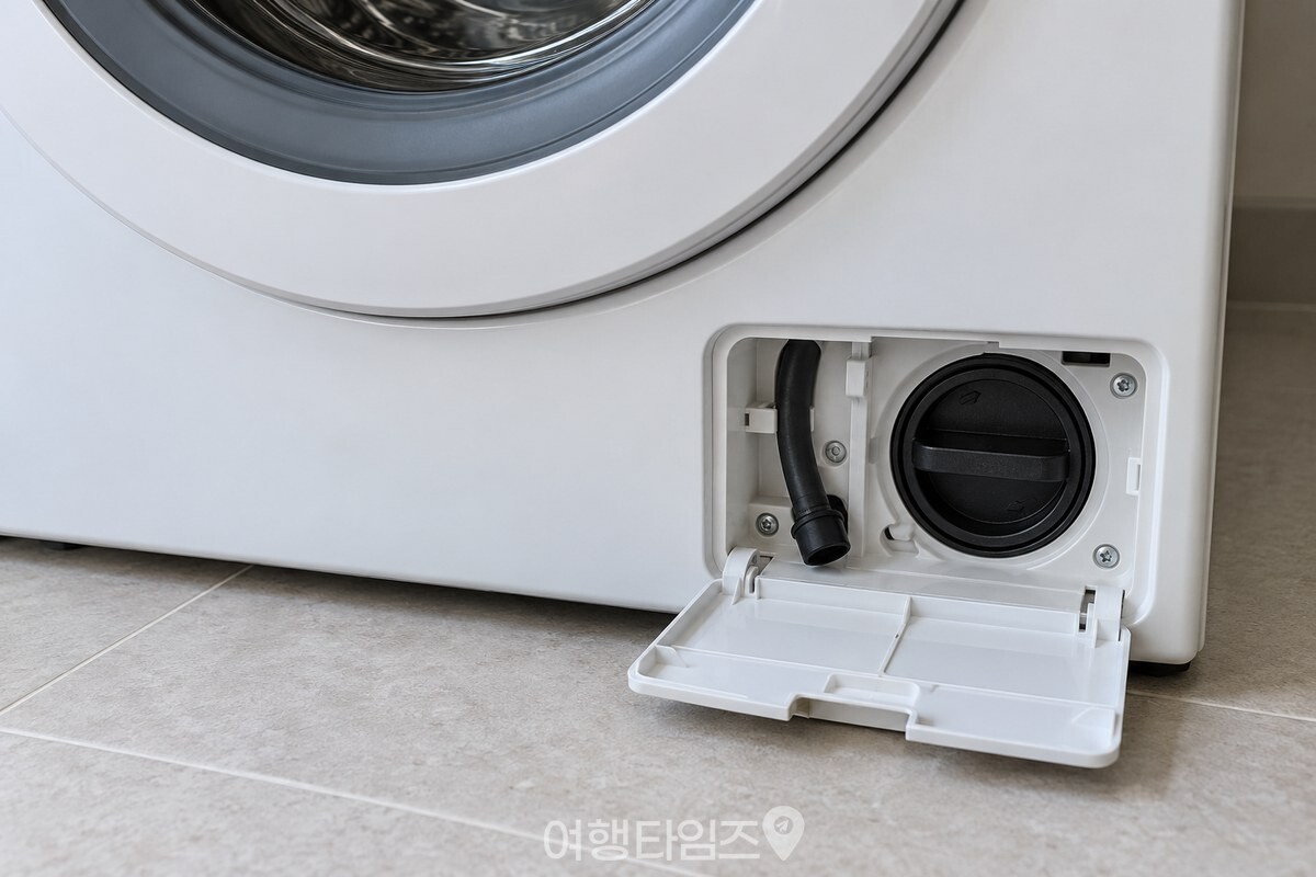 드럼세탁기 앞면 아래의 작은 서비스 뚜껑을 열어 배수필터 위치를 보여 주는 모습. / 기사 이해를 돕기 위한 생성형 이미지