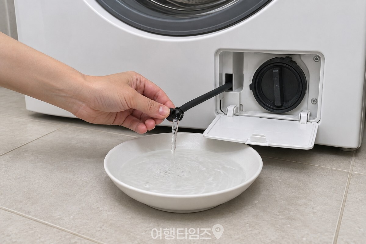 가느다란 잔수 호스 끝을 납작한 접시 위로 내리고 마개를 뽑아 물을 받는 모습. / 기사 이해를 돕기 위한 생성형 이미지