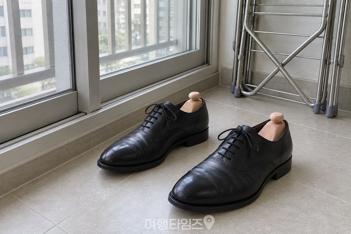 그늘진 베란다 안쪽 바닥의 접이식 빨래건조대 옆에 슈트리를 넣은 구두가 놓여 있다. / 기사 이해를 돕기 위한 생성형 이미지