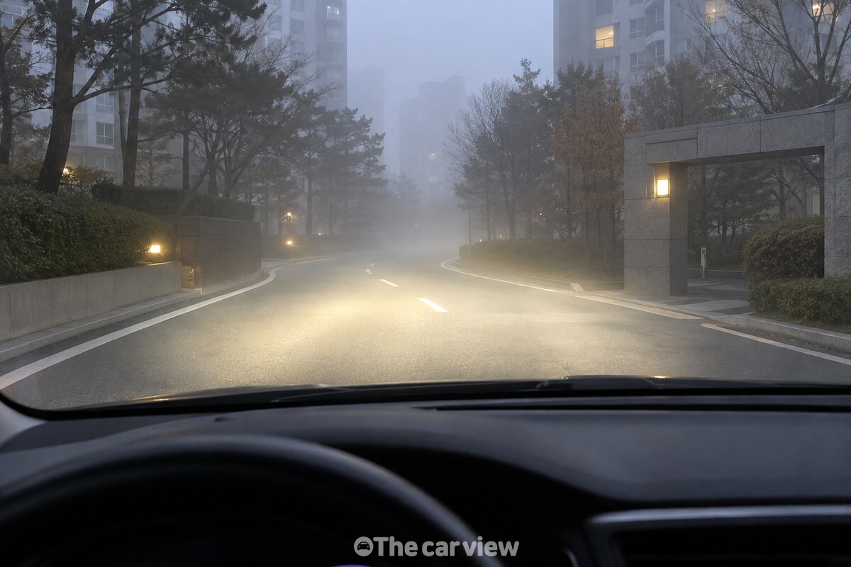 안개 낀 도로에서 상향등 빛이 앞쪽 안개에 넓게 퍼져 보이는 모습. / 기사 이해를 돕기 위한 생성형 이미지