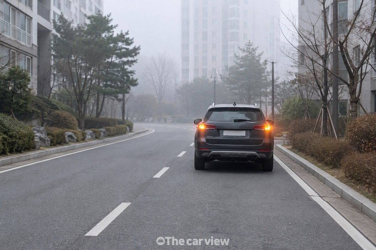옅은 안개 속에서 비상등을 켠 승용차 뒤로 차선이 이어진다. / 기사 이해를 돕기 위한 생성형 이미지