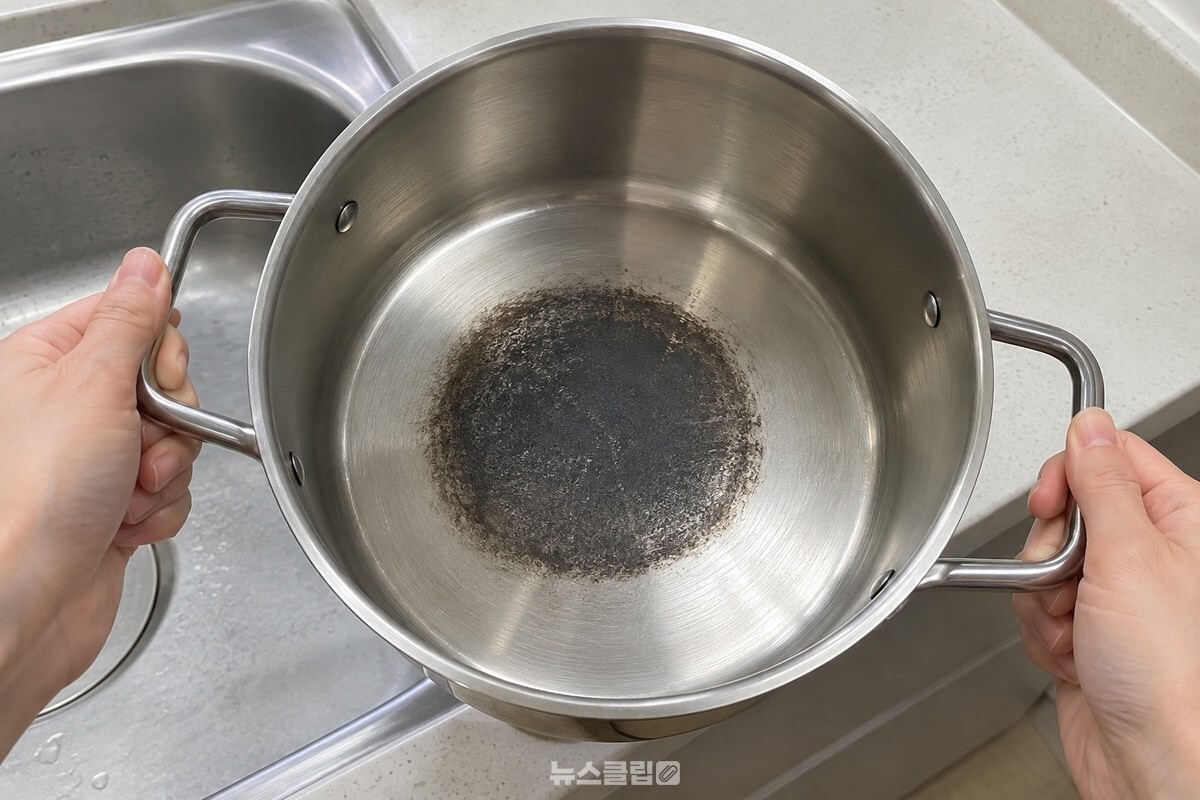 냄비 바닥 중앙의 탄 자국을 가까이에서 확인하는 장면. / 기사 이해를 돕기 위한 생성형 이미지