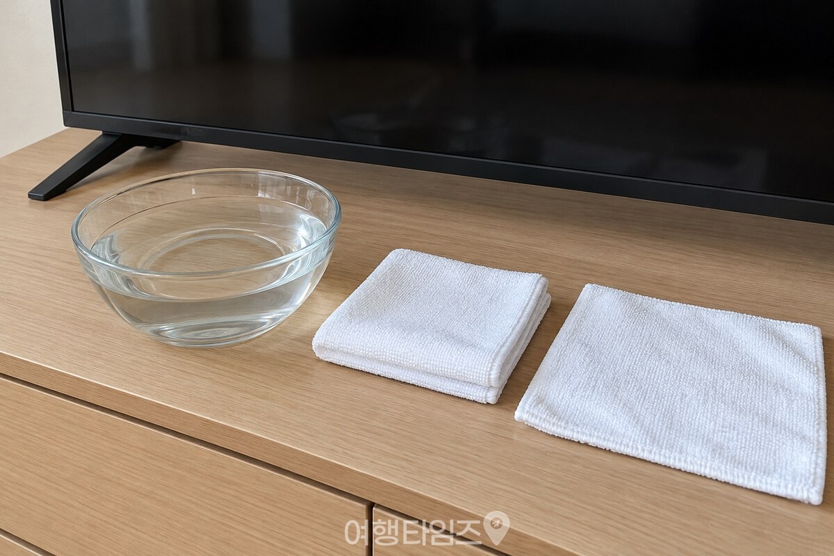 TV 옆 낮은 상판에 희석액 그릇과 마른 극세사 천 두 장을 준비했다. / 기사 이해를 돕기 위한 생성형 이미지