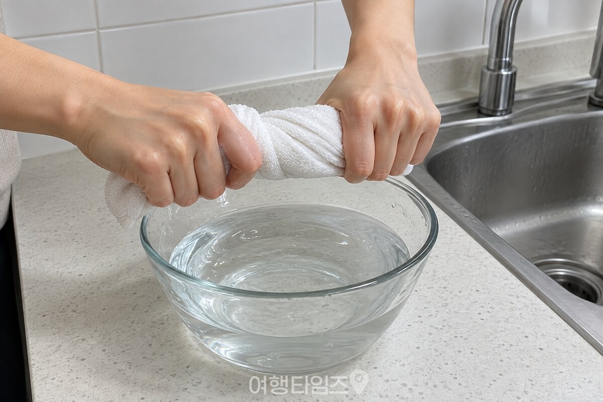 깨끗한 두 손으로 적신 극세사 천을 그릇 위에서 단단히 짜고 있다. / 기사 이해를 돕기 위한 생성형 이미지