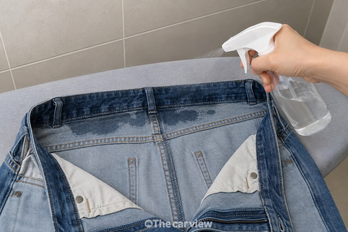 뒤집어 편 청바지 허리 밴드에 분무기로 물과 소주 혼합액을 뿌리는 모습. / 기사 이해를 돕기 위한 생성형 이미지