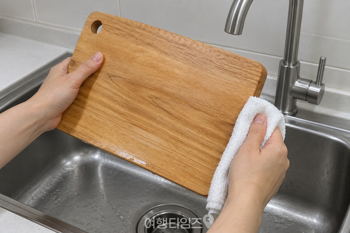 마른행주로 원목 도마의 옆면까지 눌러 물기를 닦고 있다. / 기사 이해를 돕기 위한 생성형 이미지