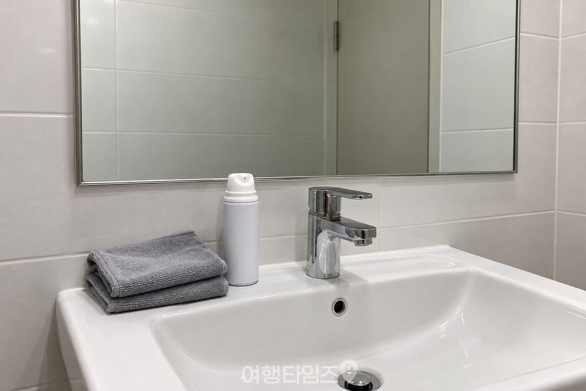 마른 욕실 거울 앞에 폼 타입 쉐이빙폼과 극세사 천을 둔 모습. / 기사 이해를 돕기 위한 생성형 이미지