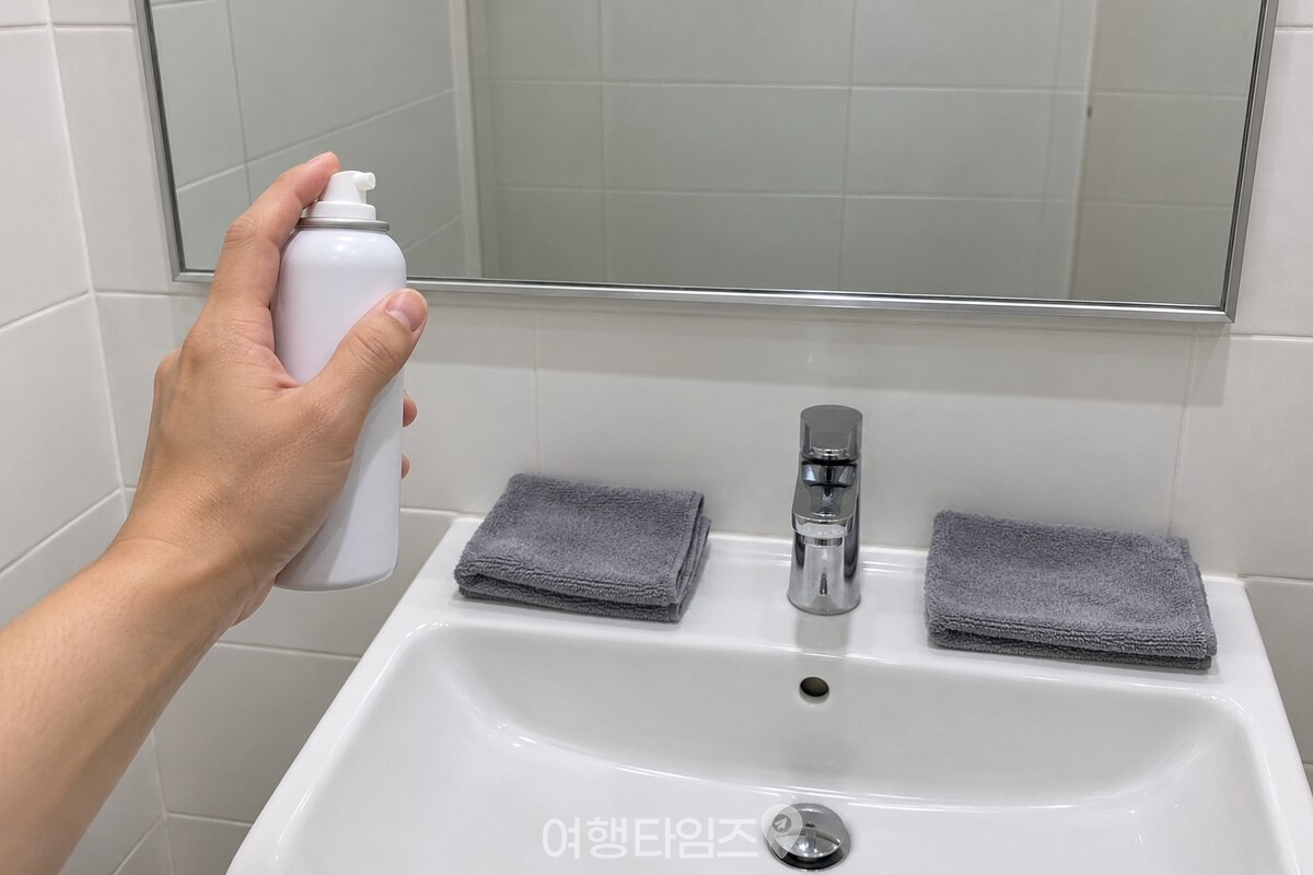 마른 거울 앞에서 쉐이빙폼과 극세사 천 두 장을 준비한 모습. / 기사 이해를 돕기 위한 생성형 이미지
