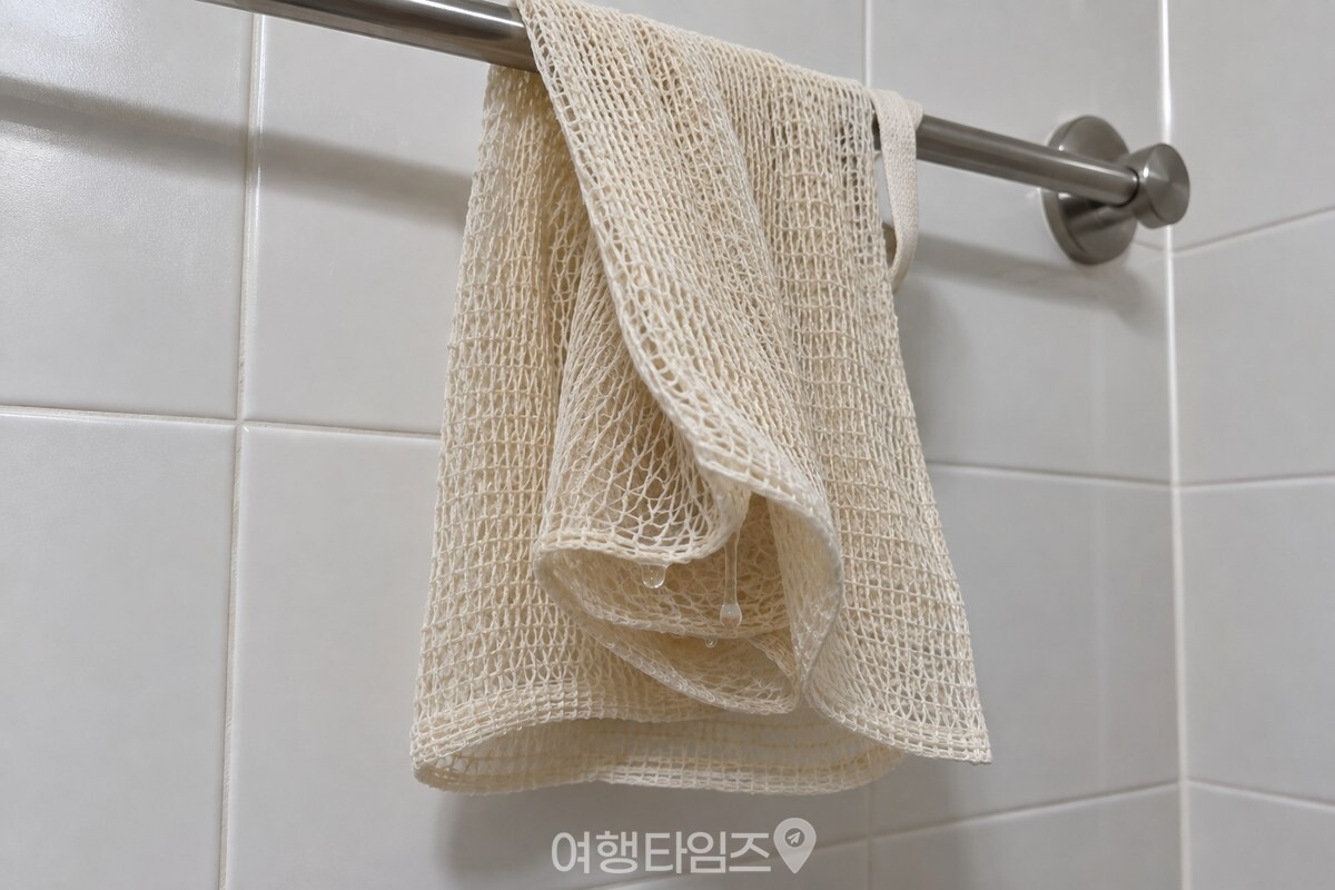 흰 타일 욕실의 수건걸이에 걸린 샤워타월 안쪽 망에 물방울이 남아 있습니다. / 기사 이해를 돕기 위한 생성형 이미지