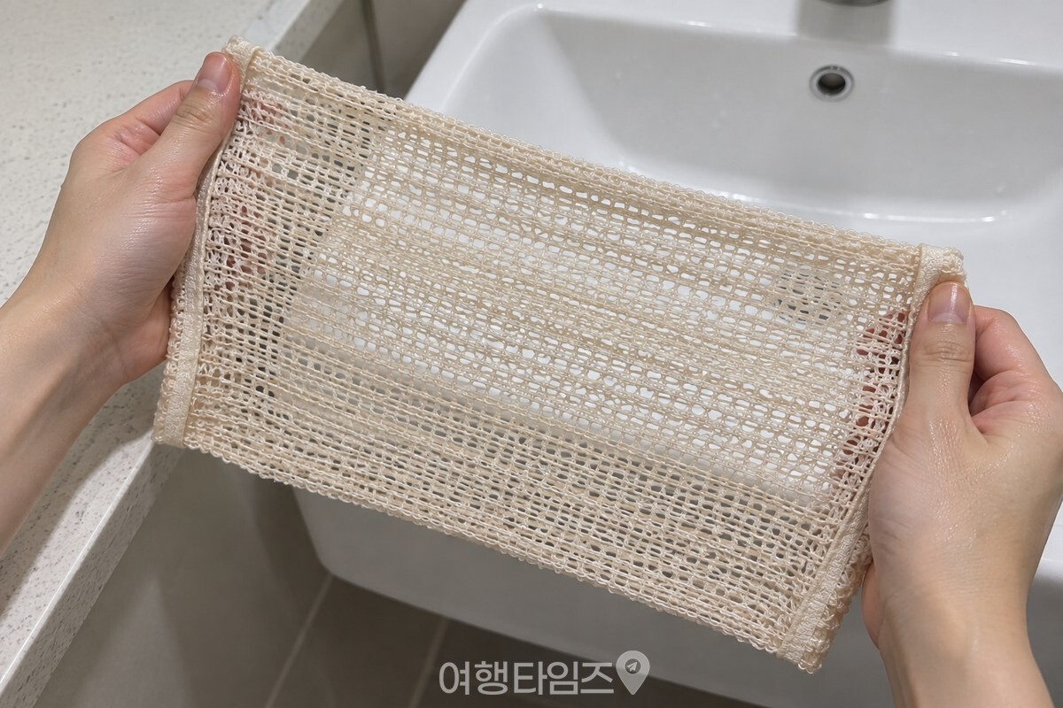 양손으로 펼쳐 뭉친 망을 편 연한 베이지색 샤워타월입니다. / 기사 이해를 돕기 위한 생성형 이미지